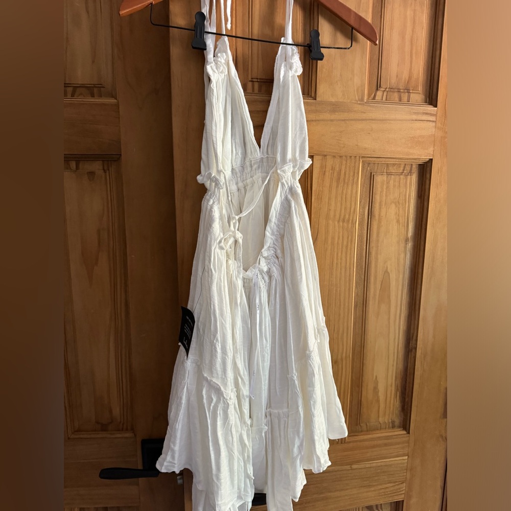 Lulus white ruffled mini dress, Open back, size small, new with tags